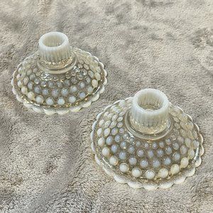 Vintage Anchor Hocking Glass Opalescent Moonstone Set of 2 Candle Holders